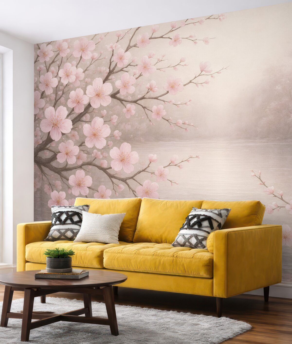 Fototapeta Różowe kwitnące drzewa na tle porannego słońca.