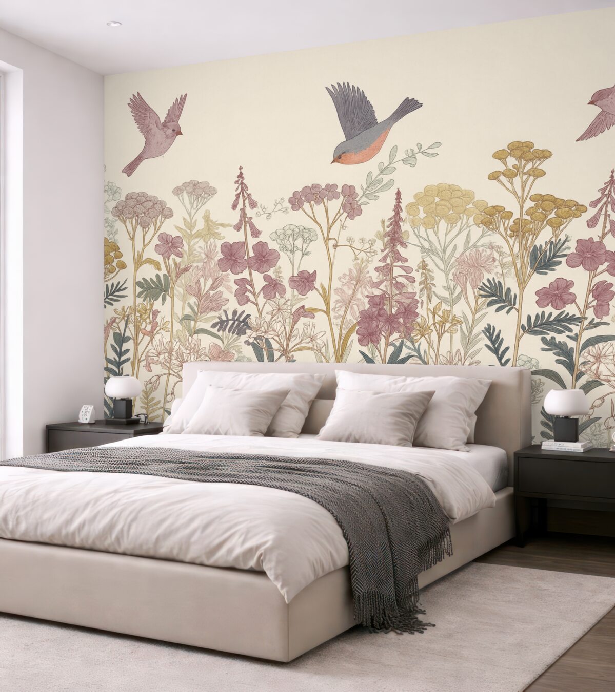 Fototapeta Malowane dzikie rośliny i ptaki.