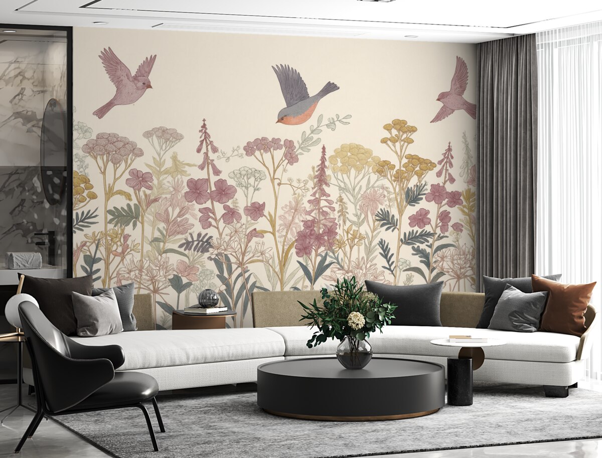 Fototapeta Malowane dzikie rośliny i ptaki.