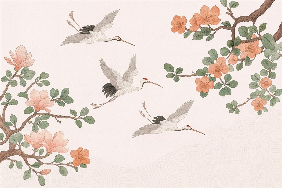 Fototapeta Gałęzie z kwiatami i żurawiami w japońskim stylu.