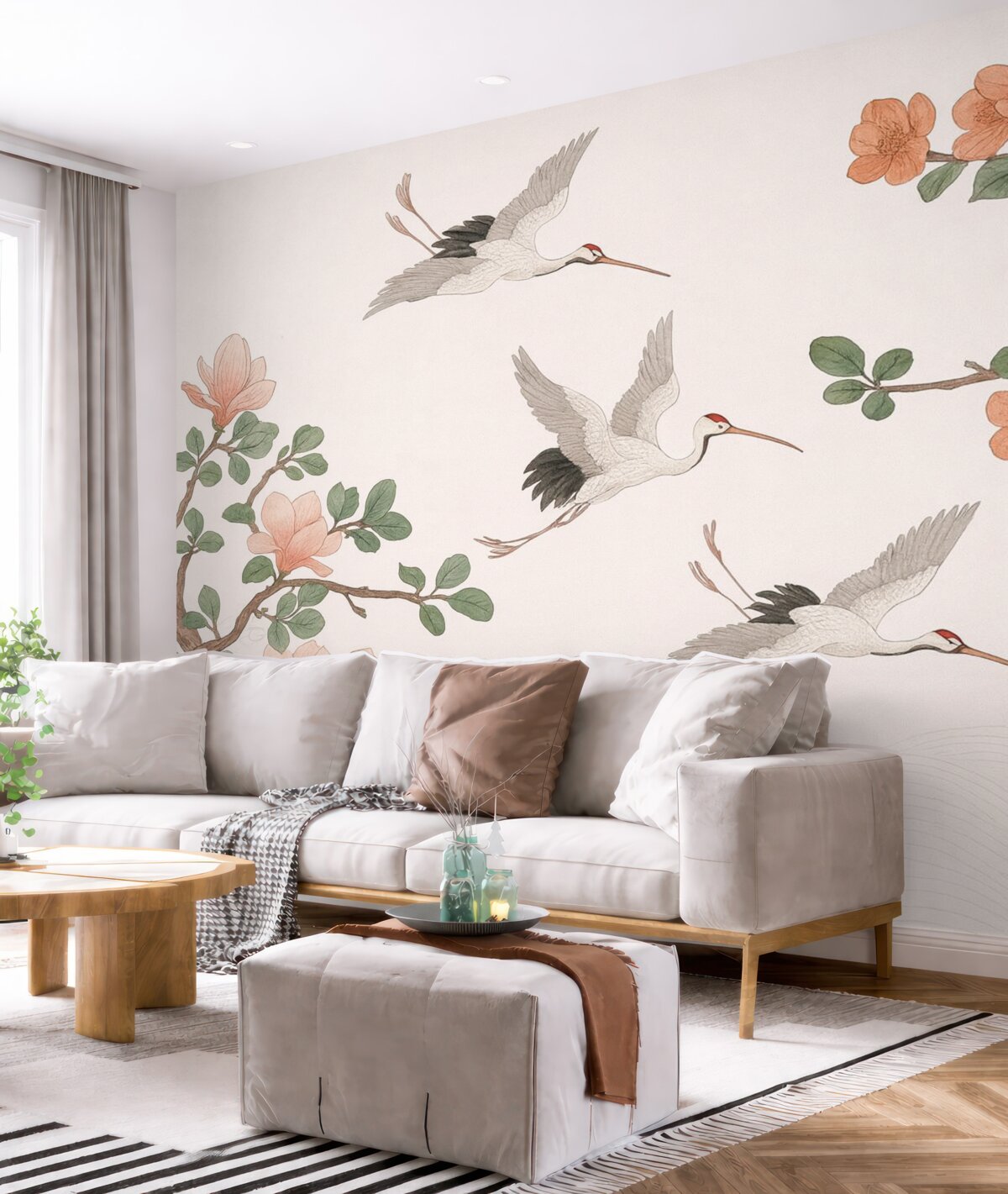 Fototapeta Gałęzie z kwiatami i żurawiami w japońskim stylu.