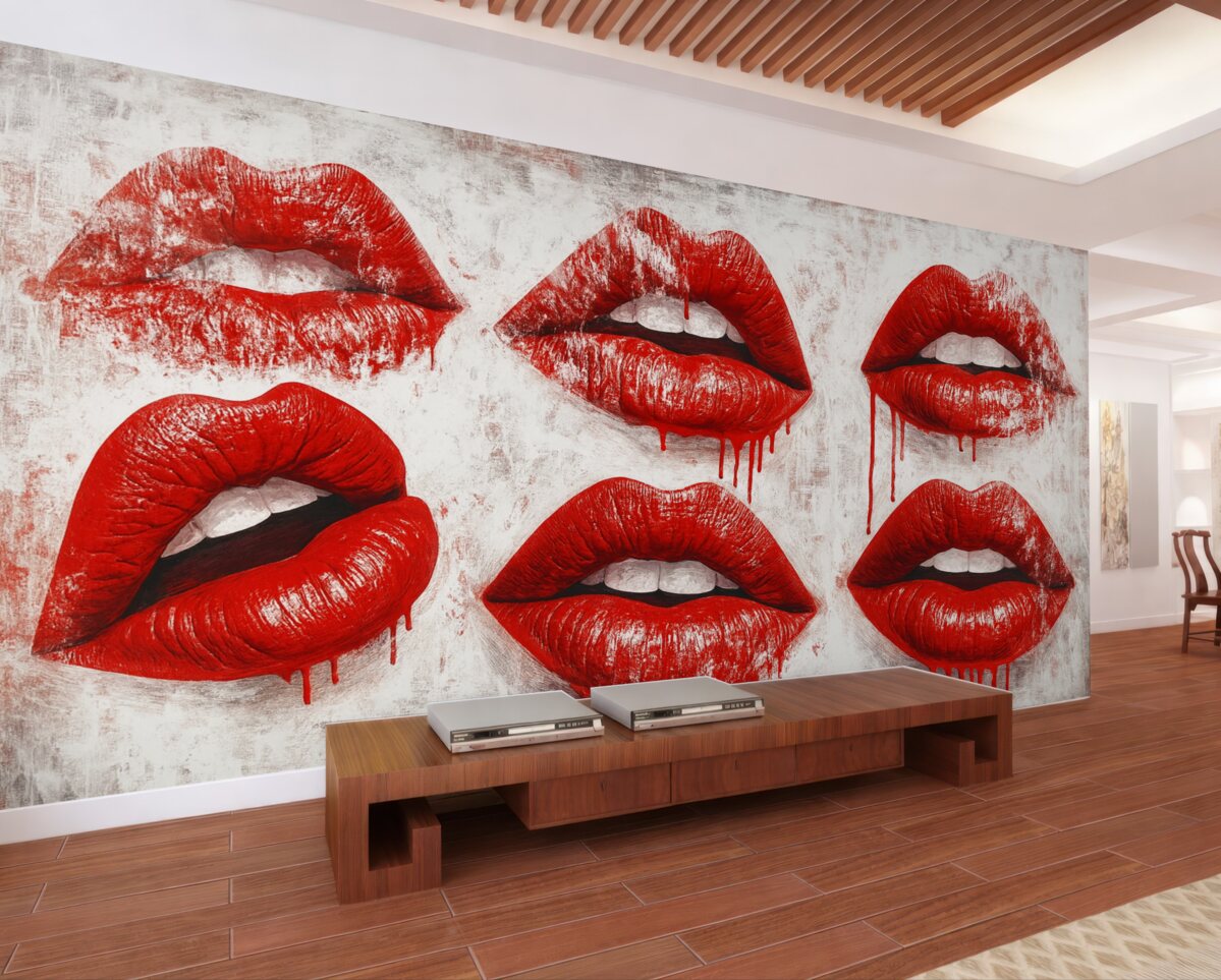 Fototapeta Czerwone wargi w estetyce grunge.