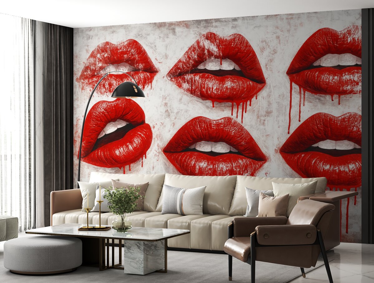 Fototapeta Czerwone wargi w estetyce grunge.