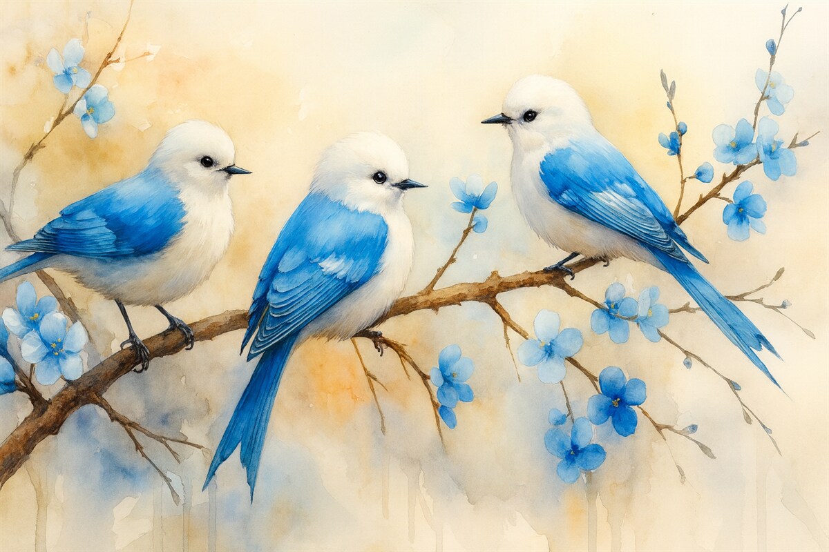 Fototapeta Wiosenne ptaki śpiewające na konarze drzewa w stylu akwareli.