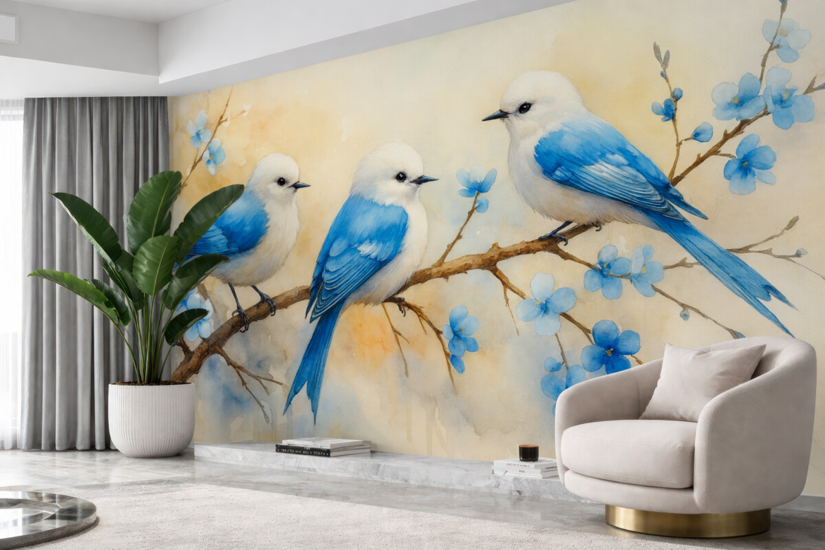 Fototapeta Wiosenne ptaki śpiewające na konarze drzewa w stylu akwareli.