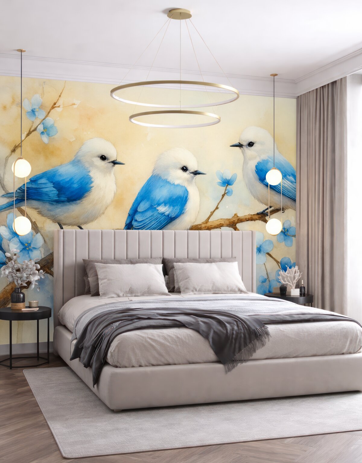 Fototapeta Wiosenne ptaki śpiewające na konarze drzewa w stylu akwareli.