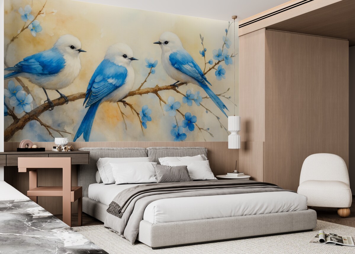 Fototapeta Wiosenne ptaki śpiewające na konarze drzewa w stylu akwareli.