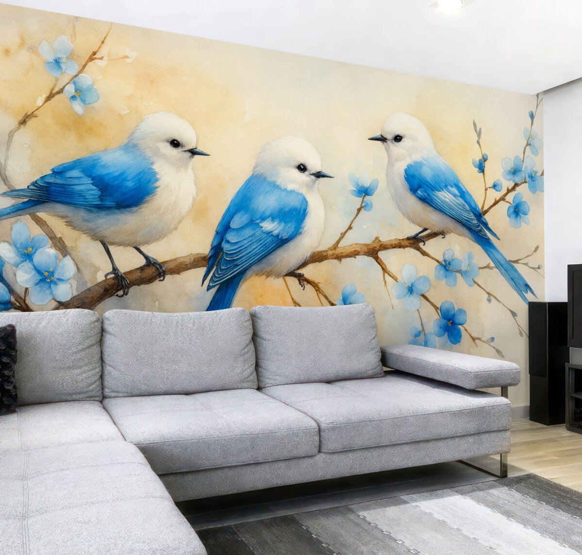 Fototapeta Wiosenne ptaki śpiewające na konarze drzewa w stylu akwareli.