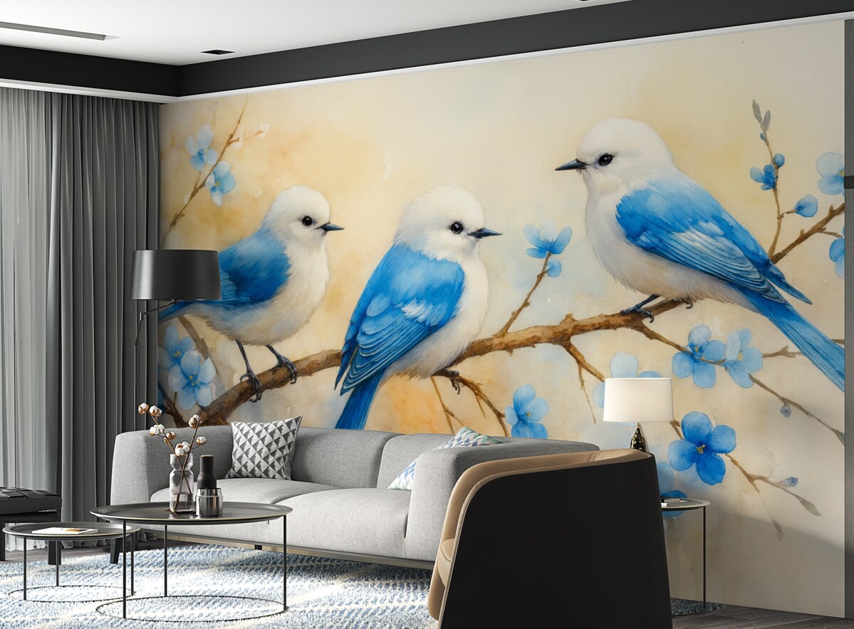 Fototapeta Wiosenne ptaki śpiewające na konarze drzewa w stylu akwareli.