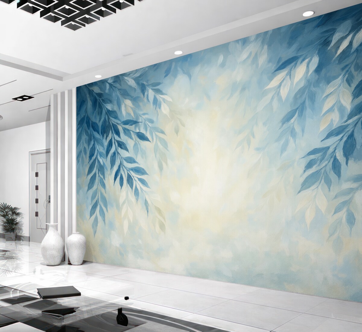 Fototapeta abstrakcyjne niebieskie liście z pociągnięciami w stylu malarstwa olejnego