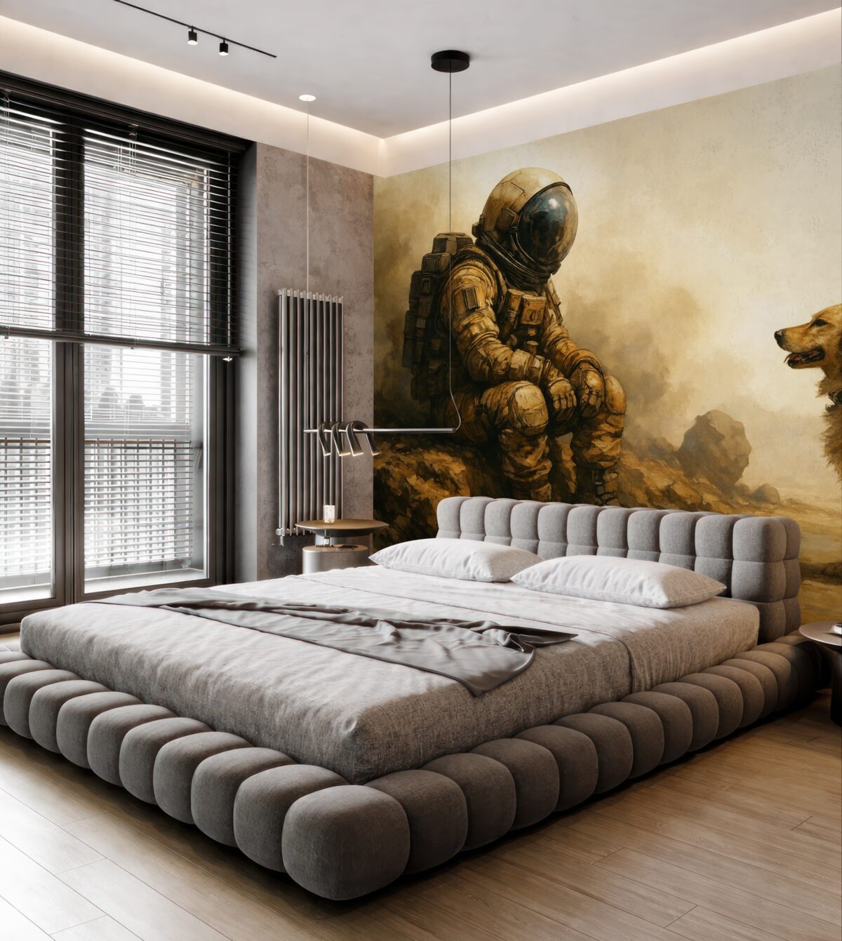 Fototapeta Postapokaliptyczny pejzaż z astronautą i psem.