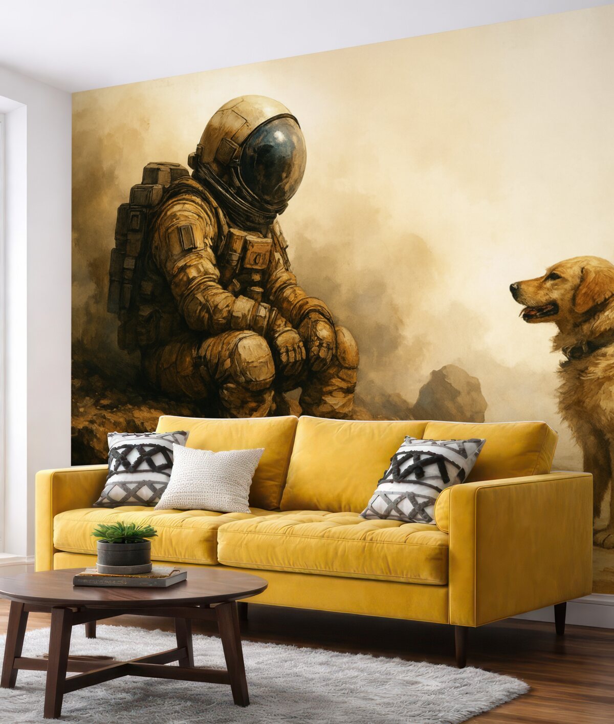Fototapeta Postapokaliptyczny pejzaż z astronautą i psem.