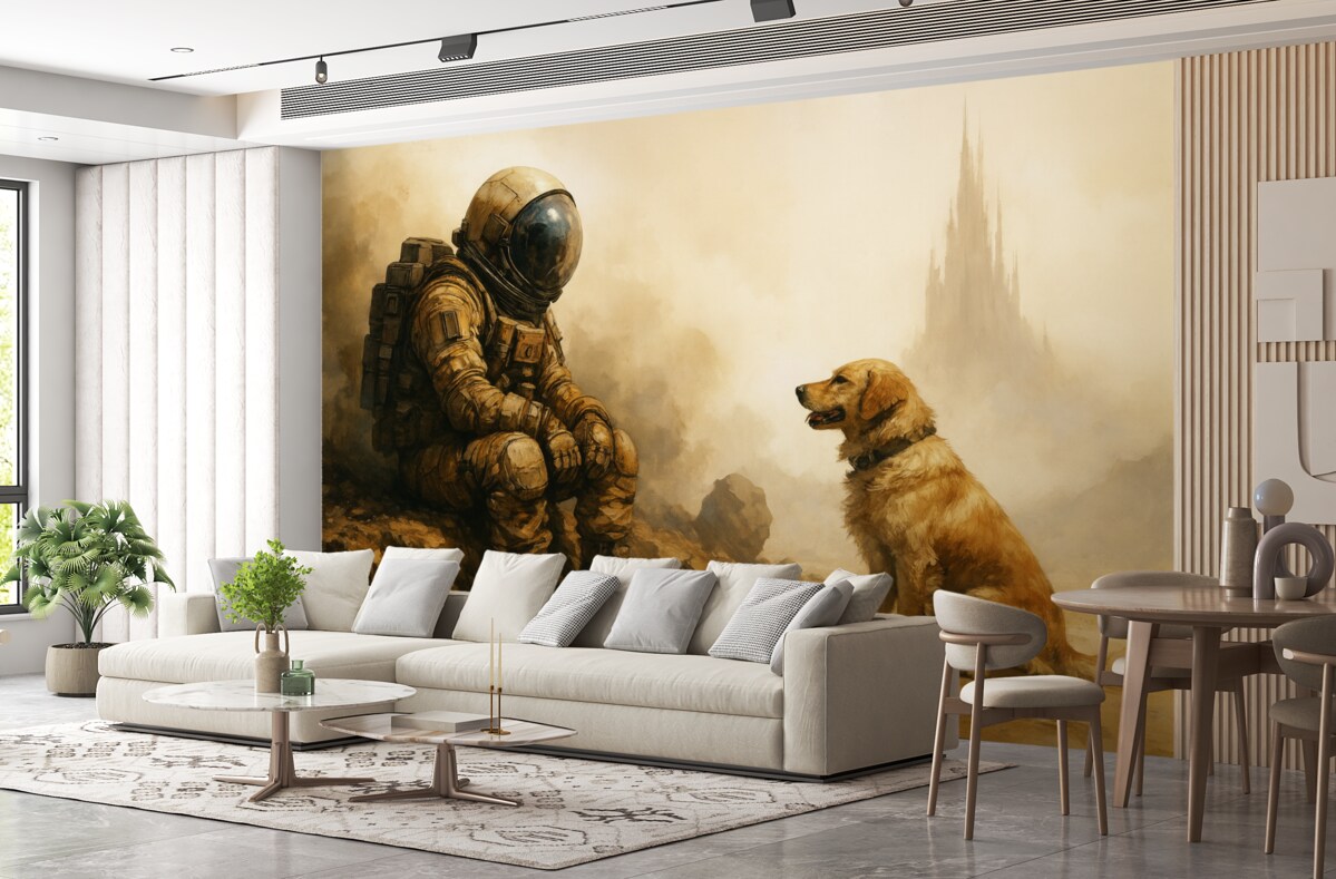 Fototapeta Postapokaliptyczny pejzaż z astronautą i psem.