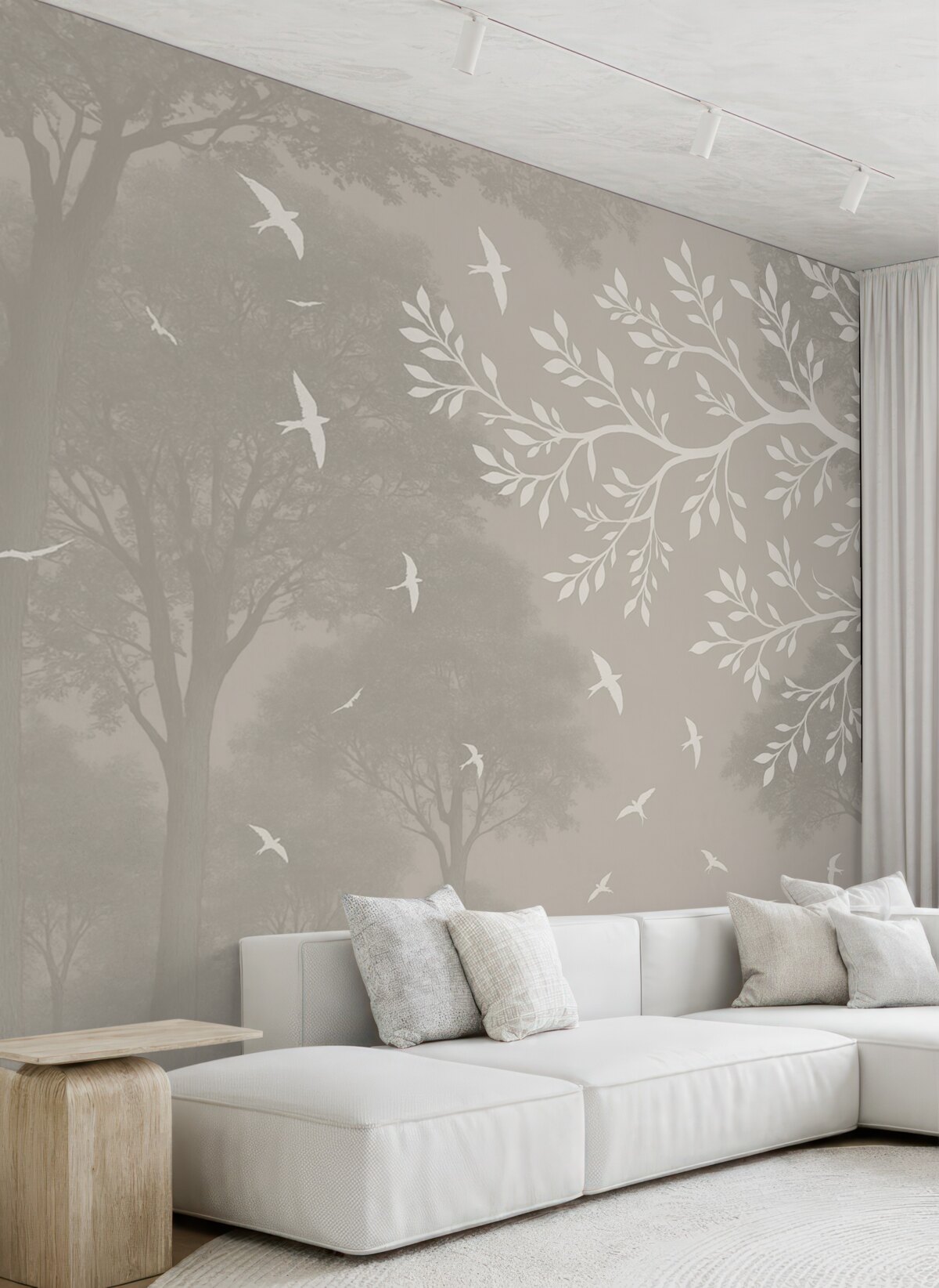 Fototapeta Sylwetka jasnej gałęzi drzewa z ptakami na tle lasu.