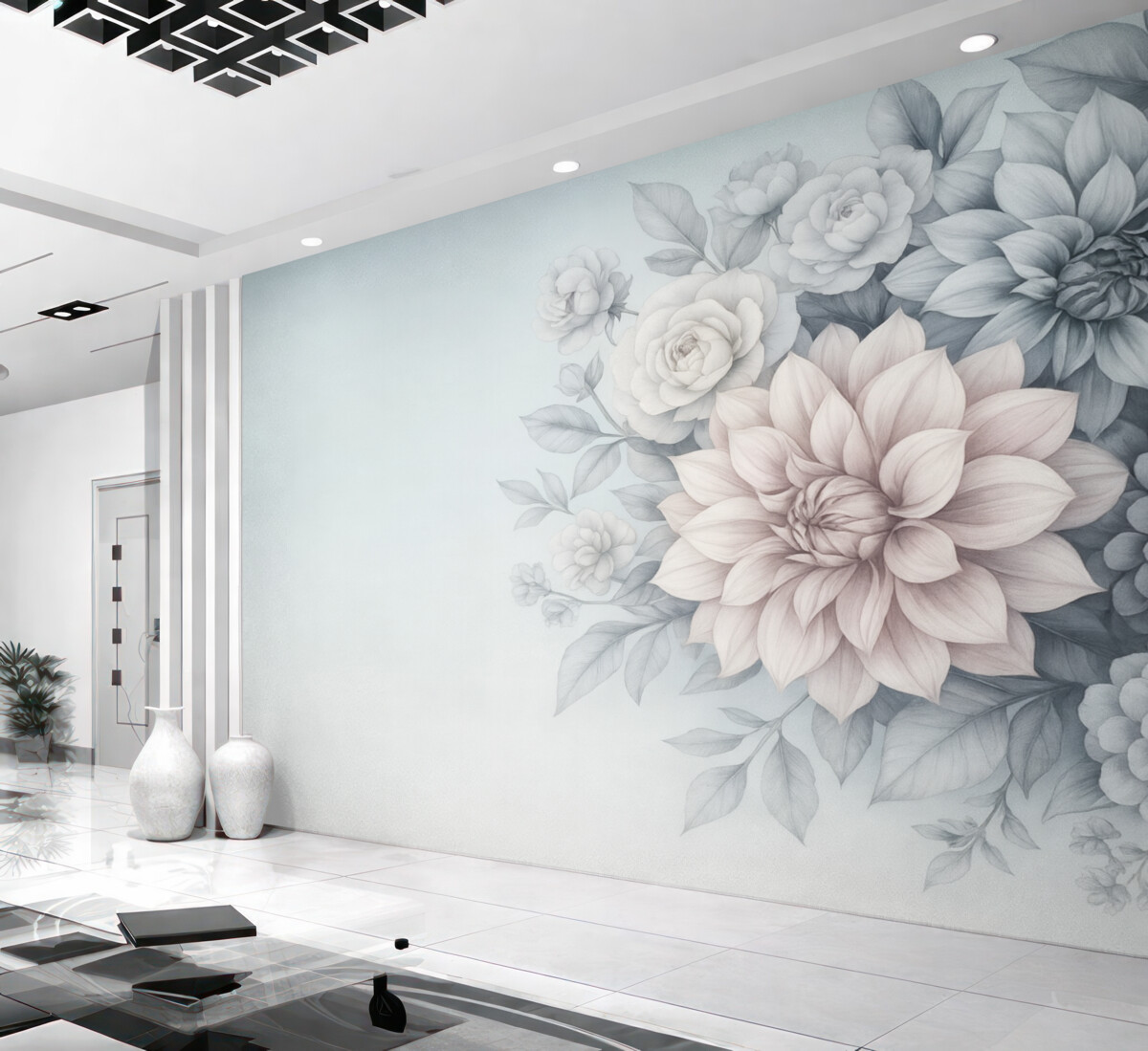 Fototapeta bukiet chryzantem na szaro-niebieskim tle