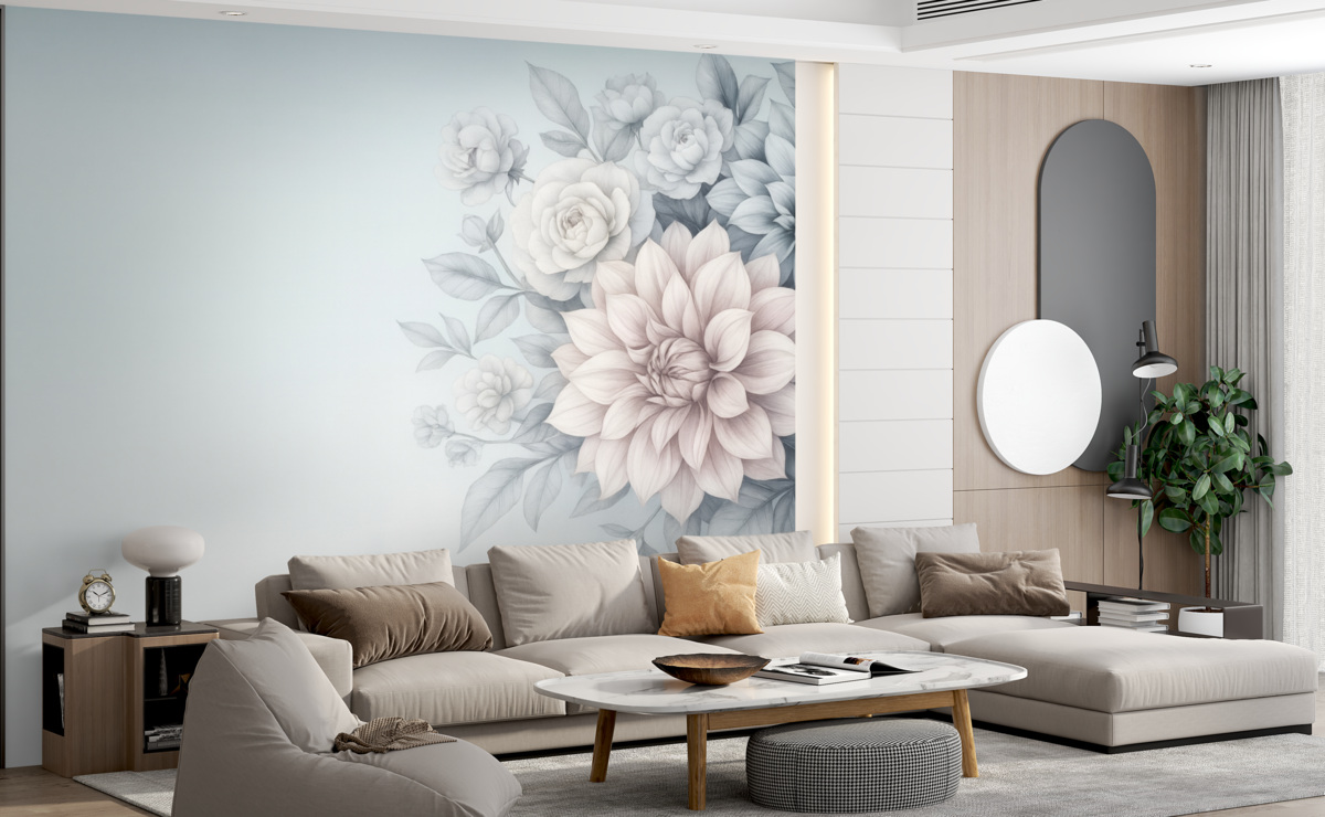 Fototapeta bukiet chryzantem na szaro-niebieskim tle