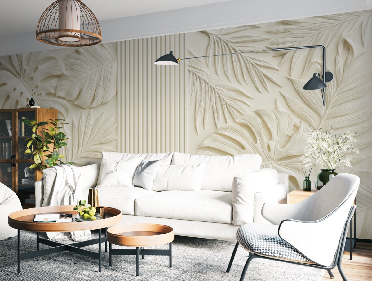 Fototapeta Obszerne tropikalne liście przypominające płaskorzeźby oraz jasne panele.