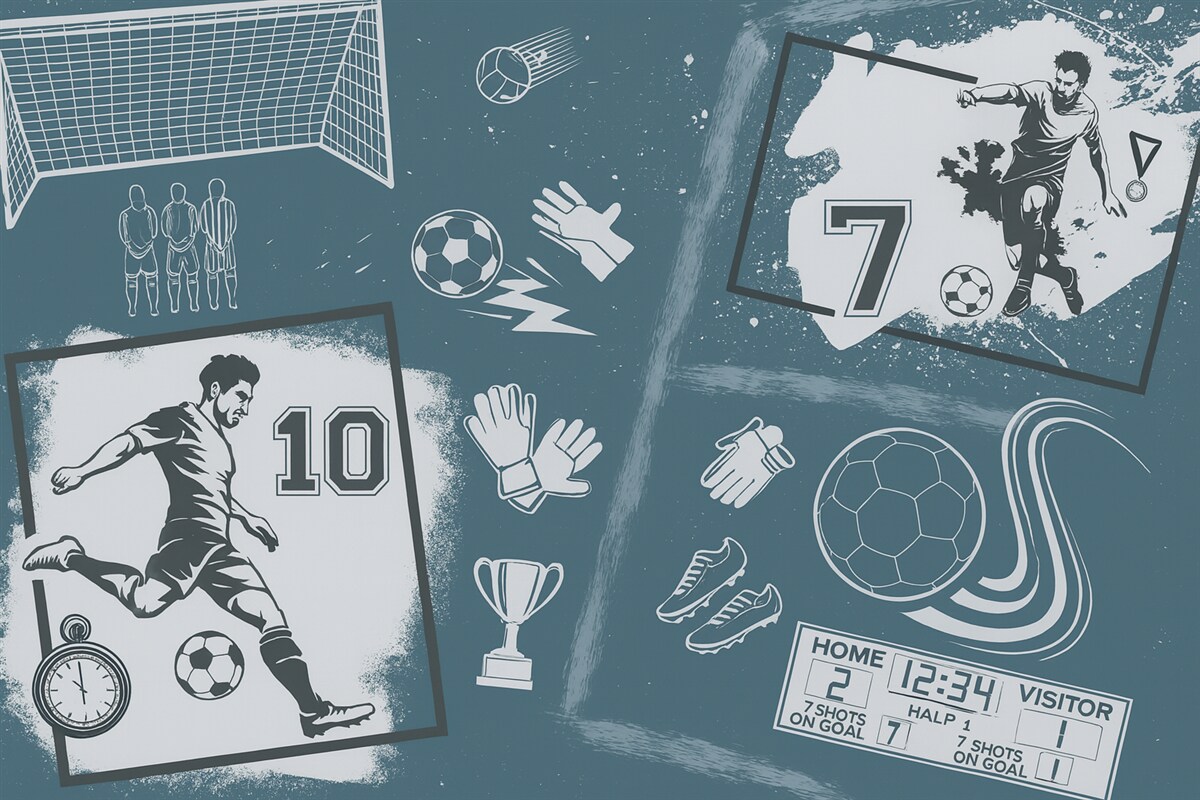 Fototapeta Zawodnicy, futbolówka oraz pozostałe elementy związane z piłką nożną w odcieniach błękitu.