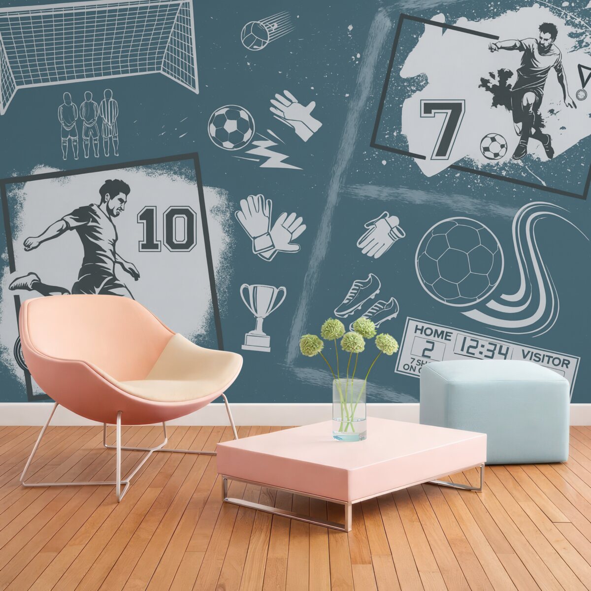 Fototapeta Zawodnicy, futbolówka oraz pozostałe elementy związane z piłką nożną w odcieniach błękitu.