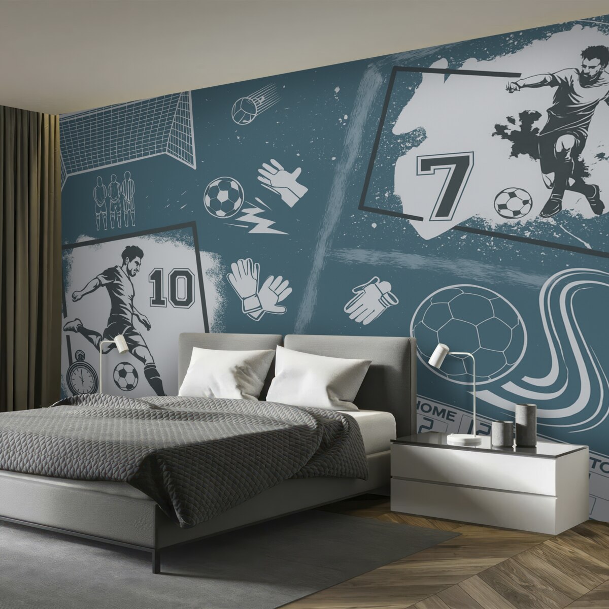 Fototapeta Zawodnicy, futbolówka oraz pozostałe elementy związane z piłką nożną w odcieniach błękitu.