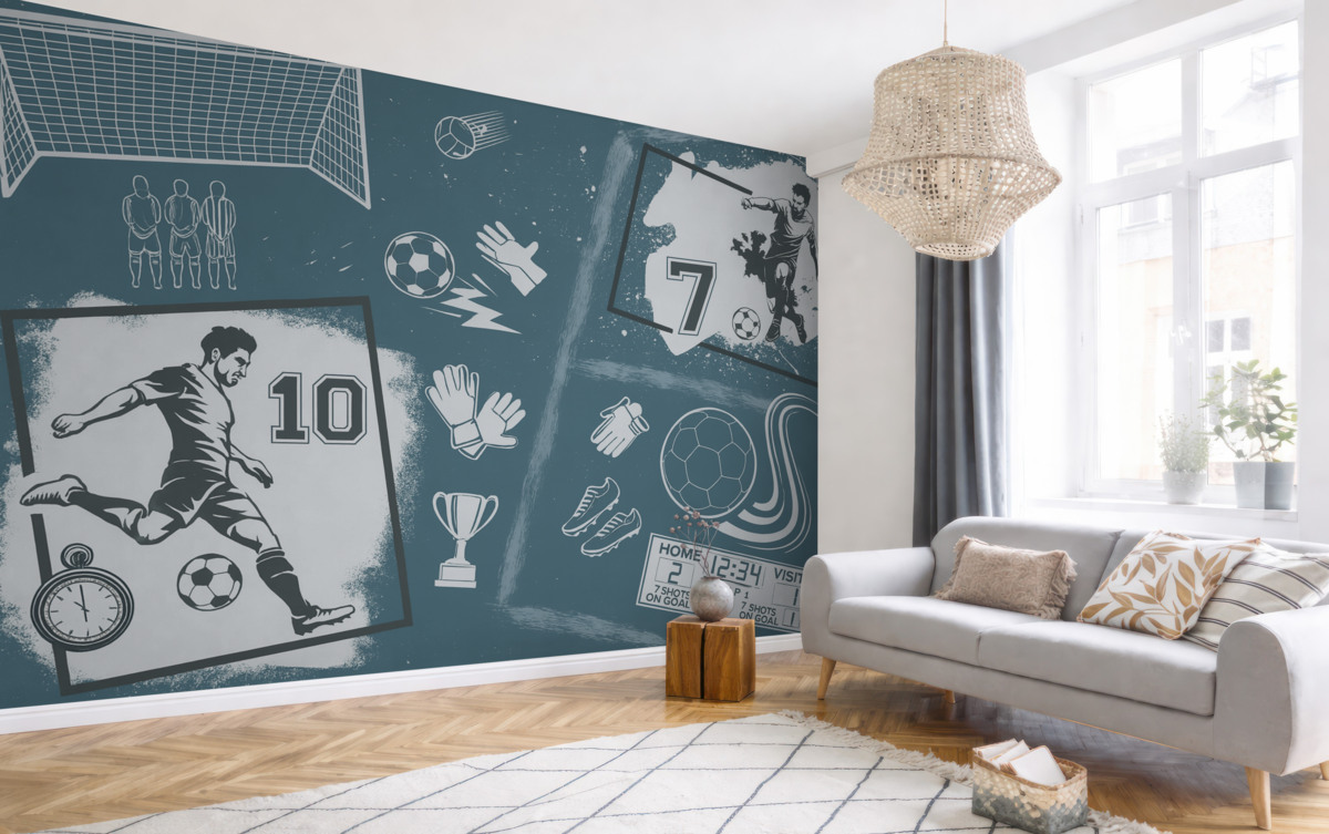 Fototapeta Zawodnicy, futbolówka oraz pozostałe elementy związane z piłką nożną w odcieniach błękitu.