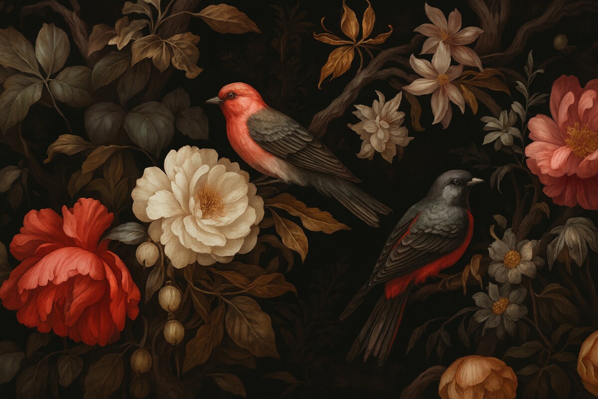 Fototapeta Ptaki i rośliny w ciemnych odcieniach.