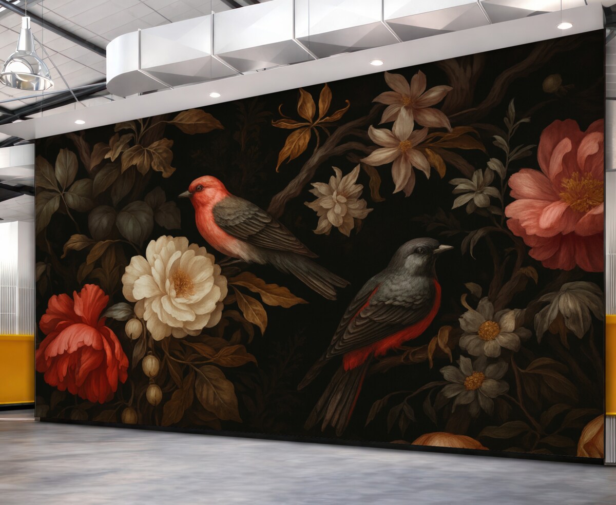 Fototapeta Ptaki i rośliny w ciemnych odcieniach.