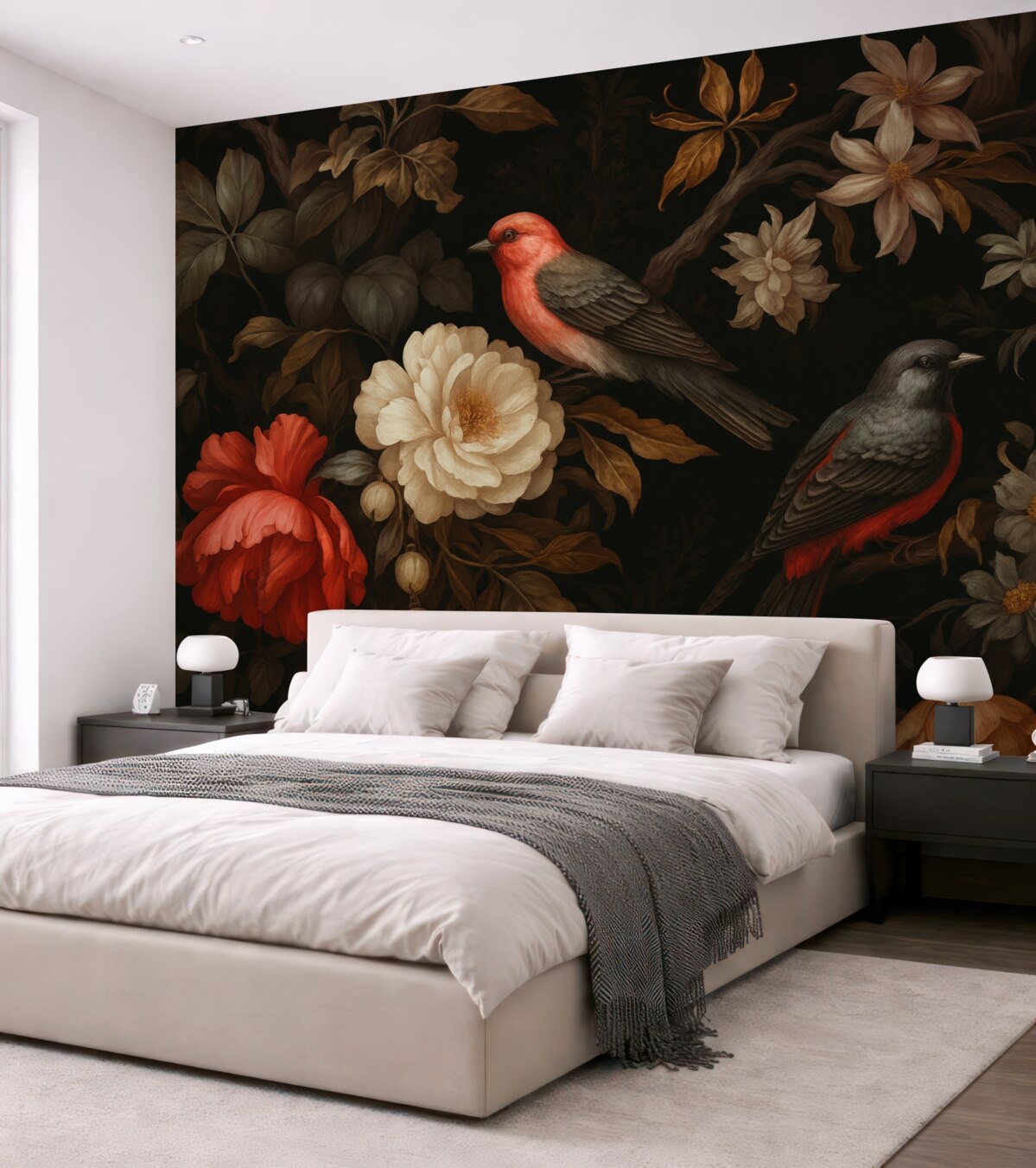 Fototapeta Ptaki i rośliny w ciemnych odcieniach.