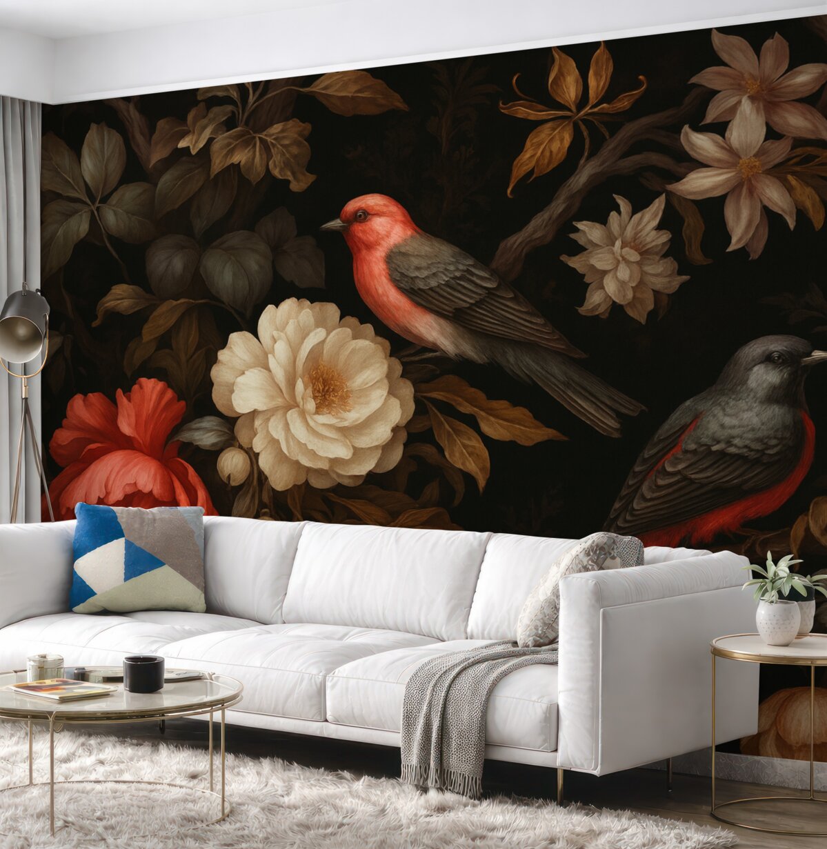 Fototapeta Ptaki i rośliny w ciemnych odcieniach.