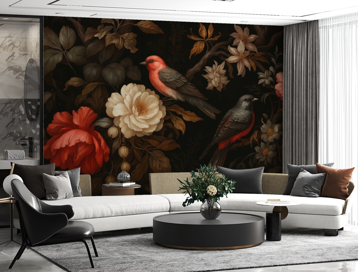 Fototapeta Ptaki i rośliny w ciemnych odcieniach.