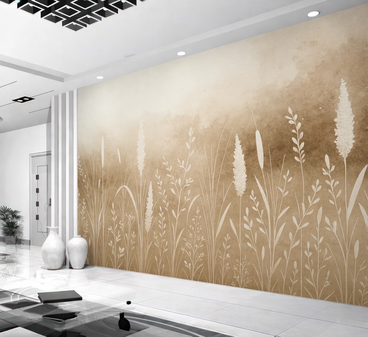 Fototapeta Postacie roślin łąkowych na jasnym tle.