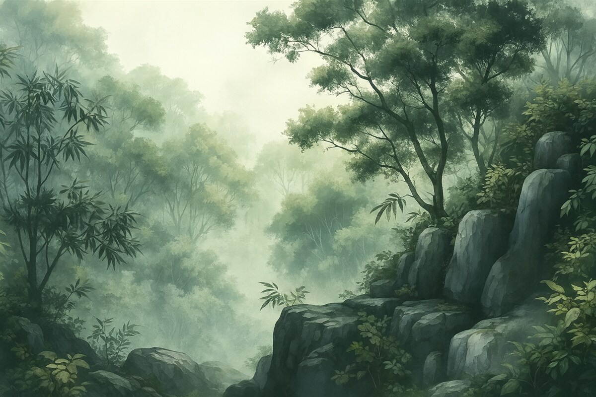 Fototapeta Wschodni pejzaż, dżungla, drzewa, technika akwareli, odcienie zieleni.