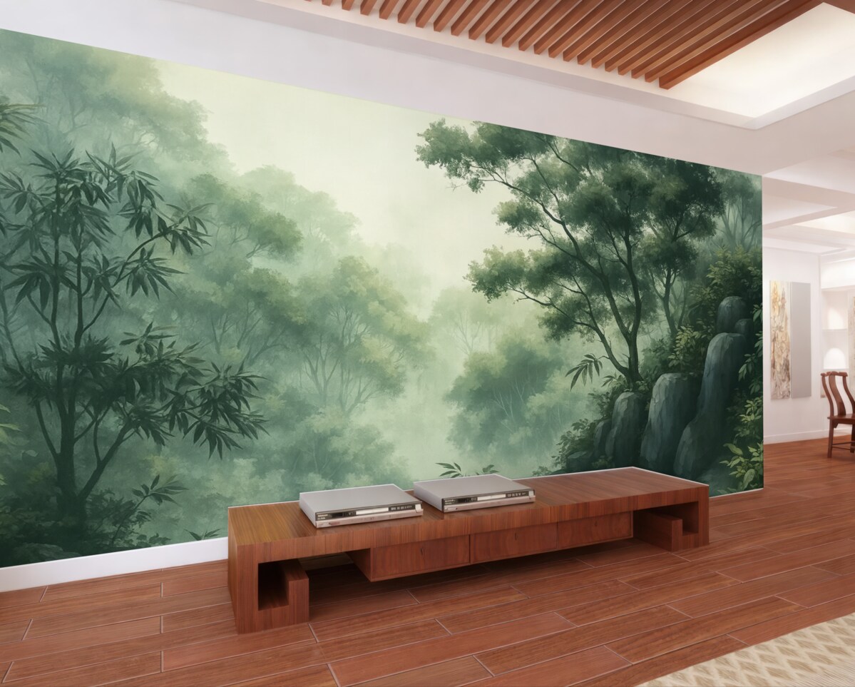 Fototapeta Wschodni pejzaż, dżungla, drzewa, technika akwareli, odcienie zieleni.