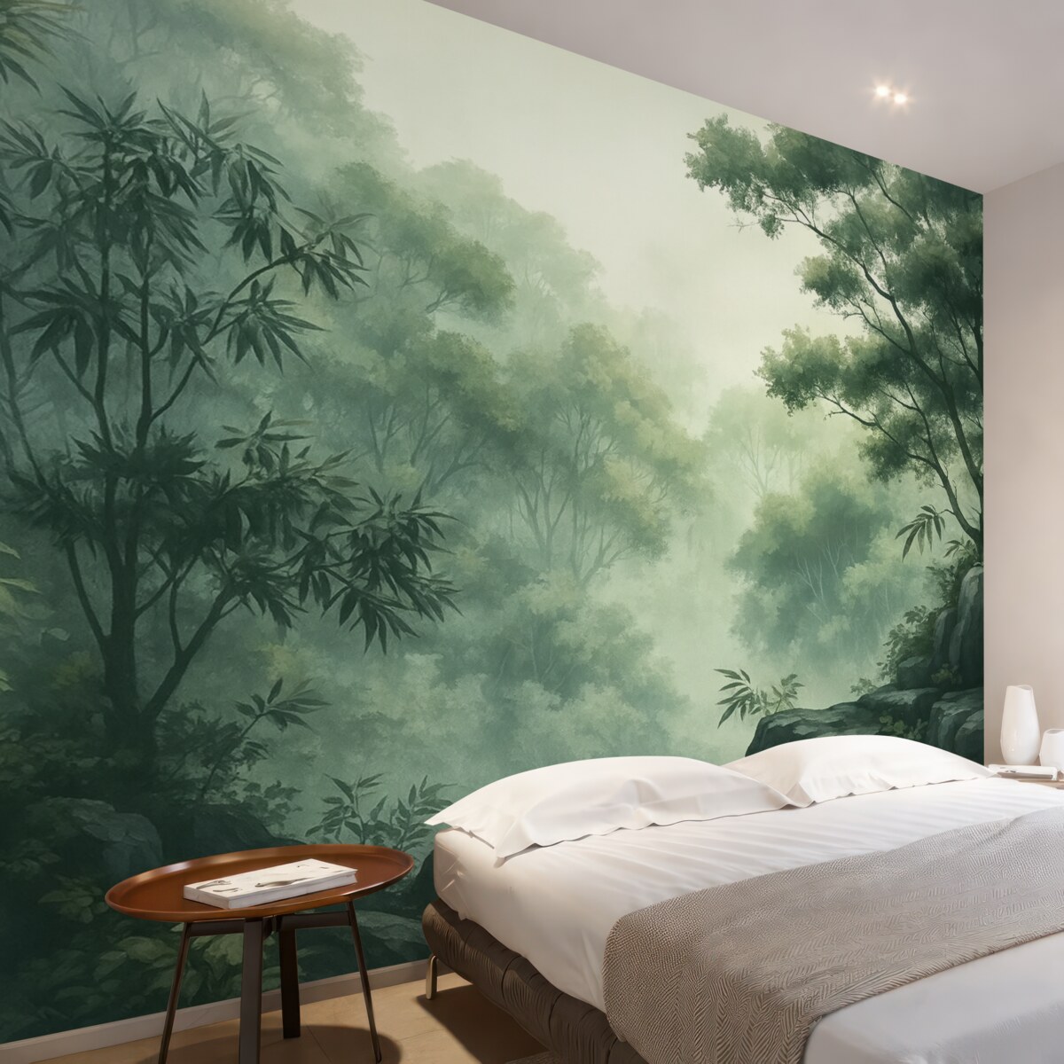 Fototapeta Wschodni pejzaż, dżungla, drzewa, technika akwareli, odcienie zieleni.