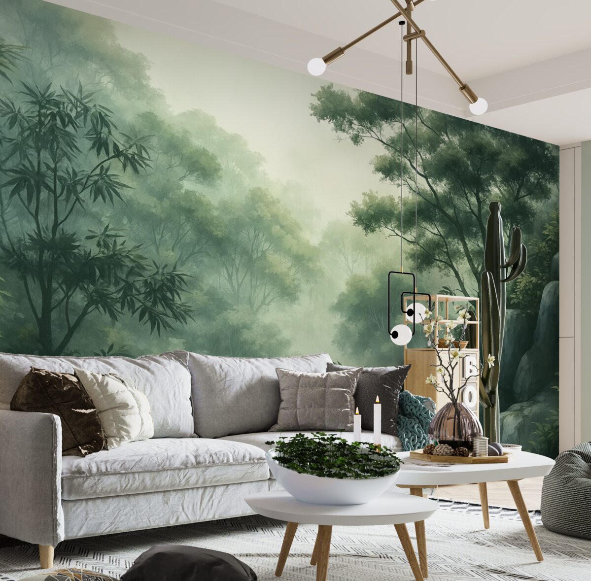 Fototapeta Wschodni pejzaż, dżungla, drzewa, technika akwareli, odcienie zieleni.