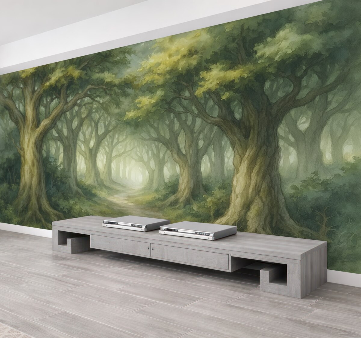 Fototapeta Las z wysokimi drzewami, zielona paleta, obraz w stylu akwareli.