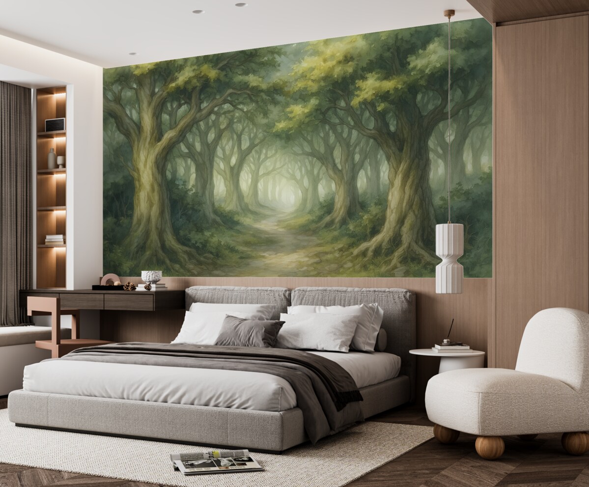 Fototapeta Las z wysokimi drzewami, zielona paleta, obraz w stylu akwareli.