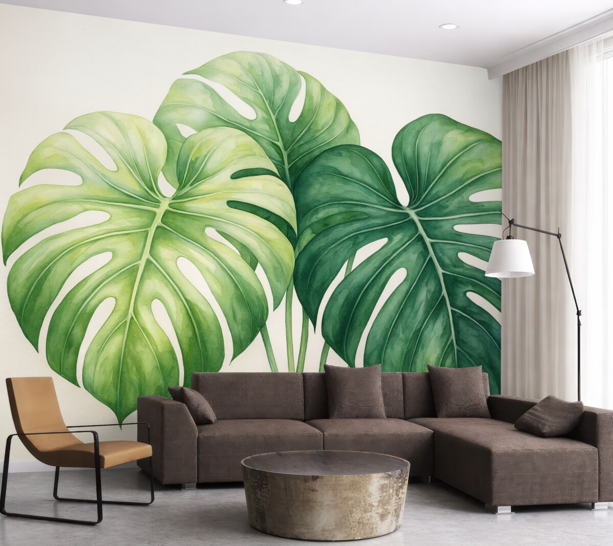 Fototapeta Ogromne liście monstery, rośliny z tropików, ilustracja w technice akwareli, odcienie zieleni.