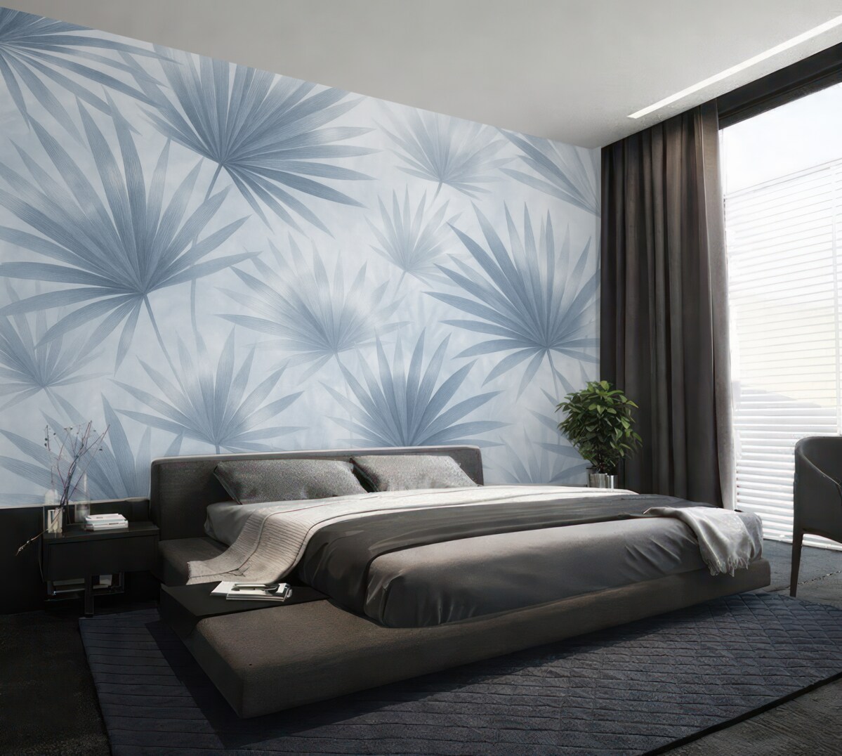 Fototapeta Liście palmowe, motyw kwiatowy, prostota, tropikalne, błękitne odcienie.