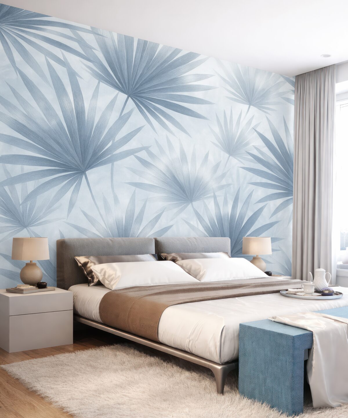 Fototapeta Liście palmowe, motyw kwiatowy, prostota, tropikalne, błękitne odcienie.