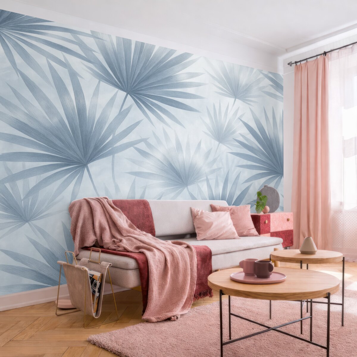 Fototapeta Liście palmowe, motyw kwiatowy, prostota, tropikalne, błękitne odcienie.