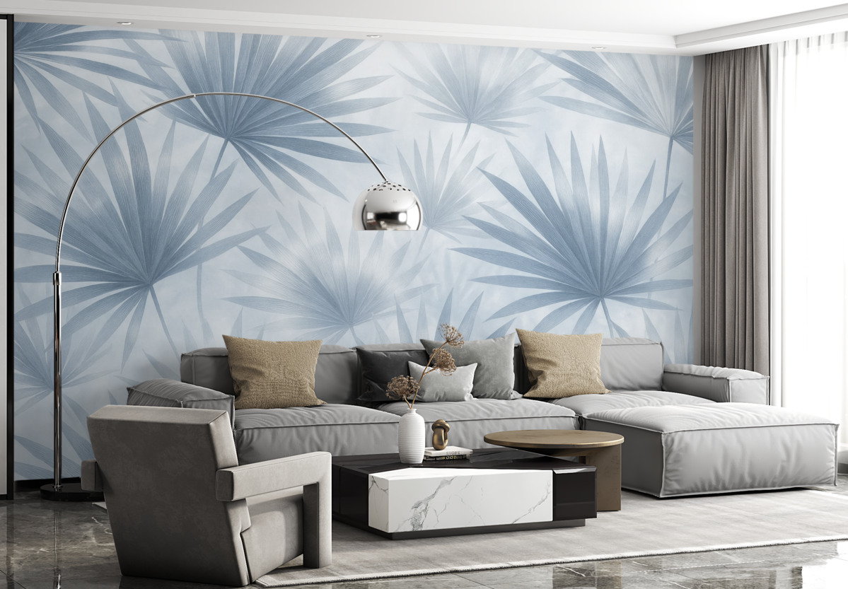 Fototapeta Liście palmowe, motyw kwiatowy, prostota, tropikalne, błękitne odcienie.