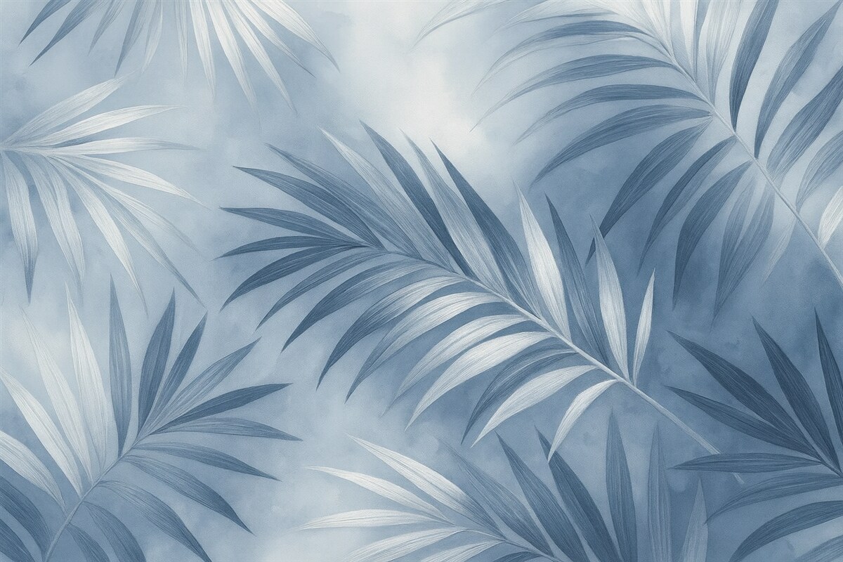 Fototapeta Abstrakcja tropikalnych liści, palma, niebieska gama kolorów.