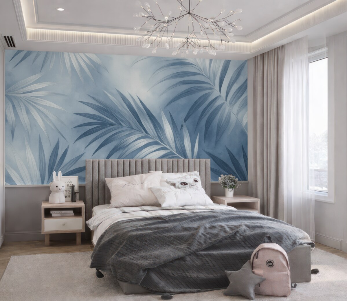 Fototapeta Abstrakcja tropikalnych liści, palma, niebieska gama kolorów.