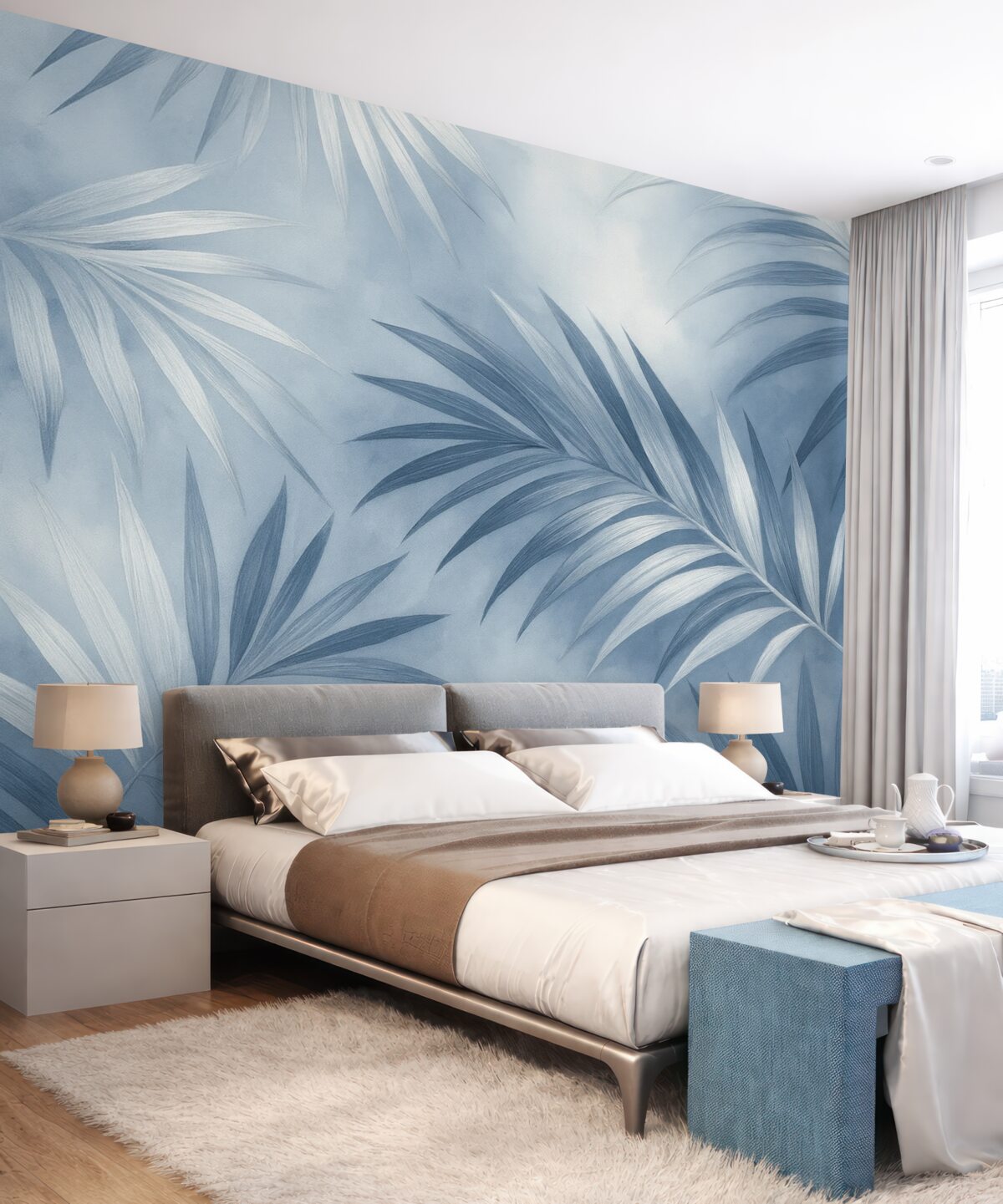 Fototapeta Abstrakcja tropikalnych liści, palma, niebieska gama kolorów.