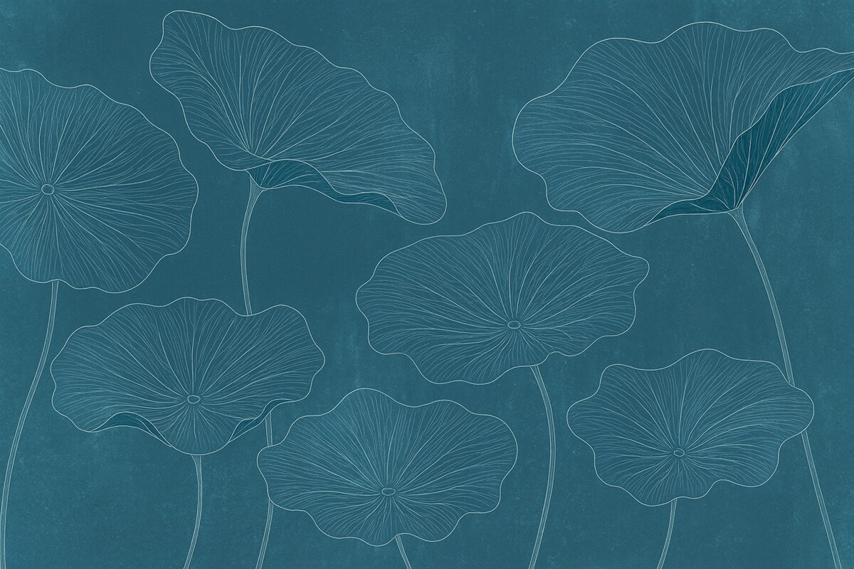 Fototapeta Sylwetki wyszukanych liści lotosu na fakturowanym tle w intensywnych odcieniach niebieskiego.