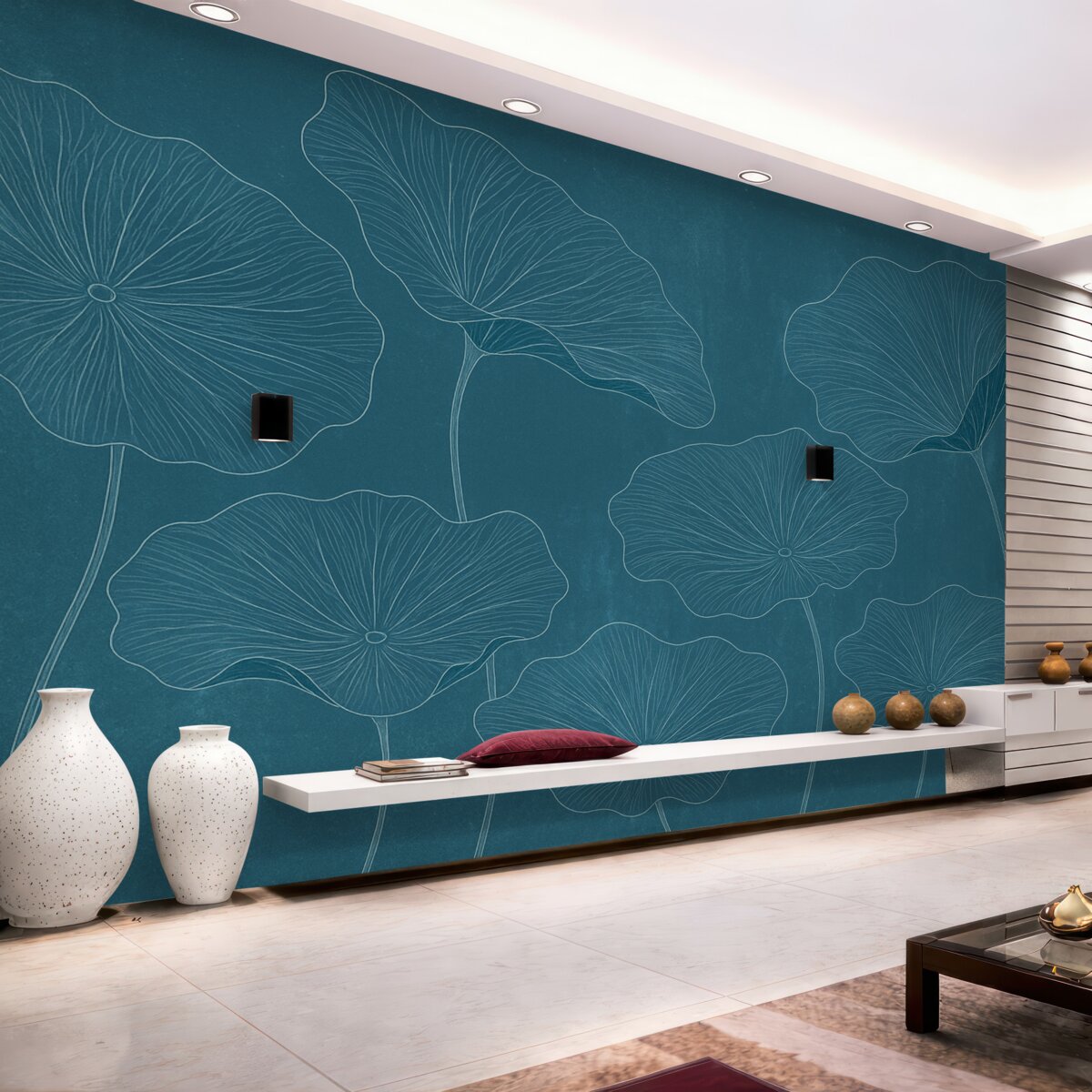 Fototapeta Sylwetki wyszukanych liści lotosu na fakturowanym tle w intensywnych odcieniach niebieskiego.