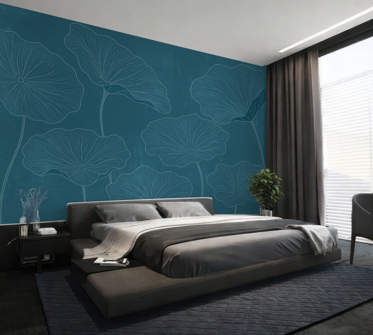 Fototapeta Sylwetki wyszukanych liści lotosu na fakturowanym tle w intensywnych odcieniach niebieskiego.