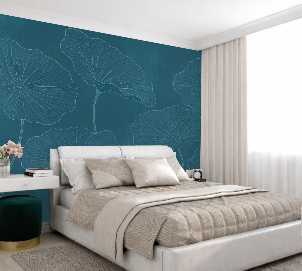 Fototapeta Sylwetki wyszukanych liści lotosu na fakturowanym tle w intensywnych odcieniach niebieskiego.