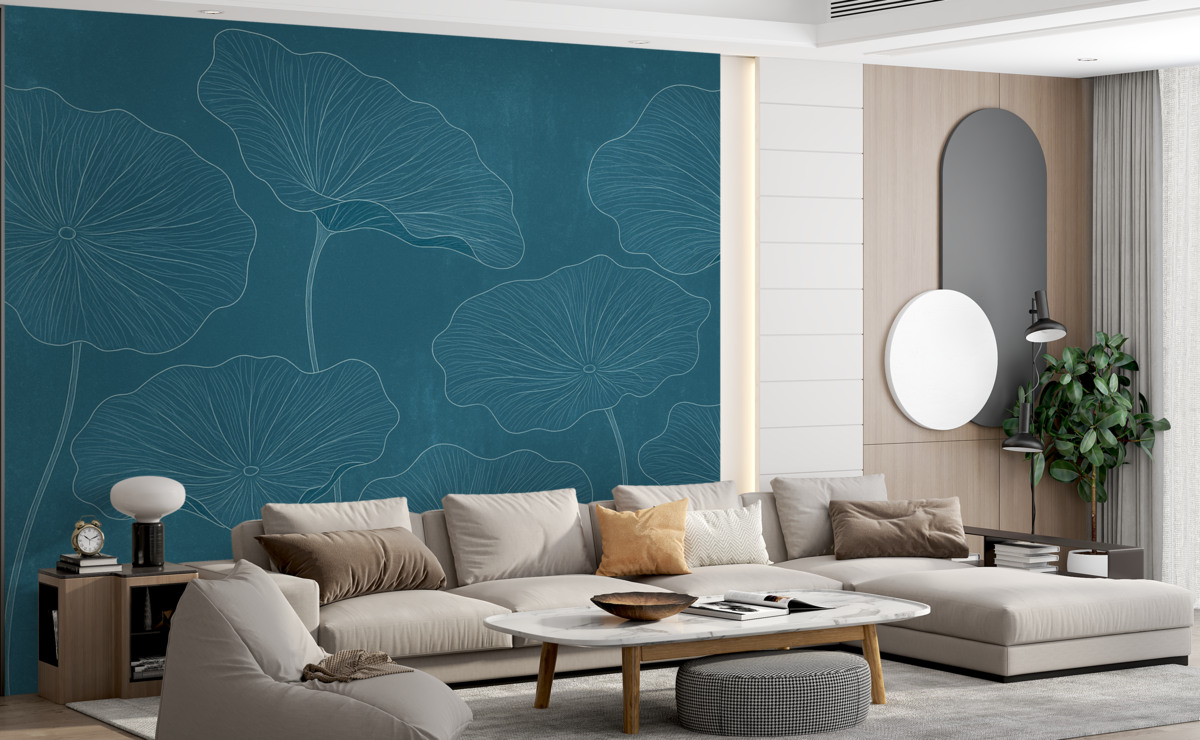 Fototapeta Sylwetki wyszukanych liści lotosu na fakturowanym tle w intensywnych odcieniach niebieskiego.